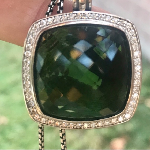 David Yurman 925 Silver Albion 20mm Prasiolite & Diamond Pendant With Chain - Picture 4 of 14